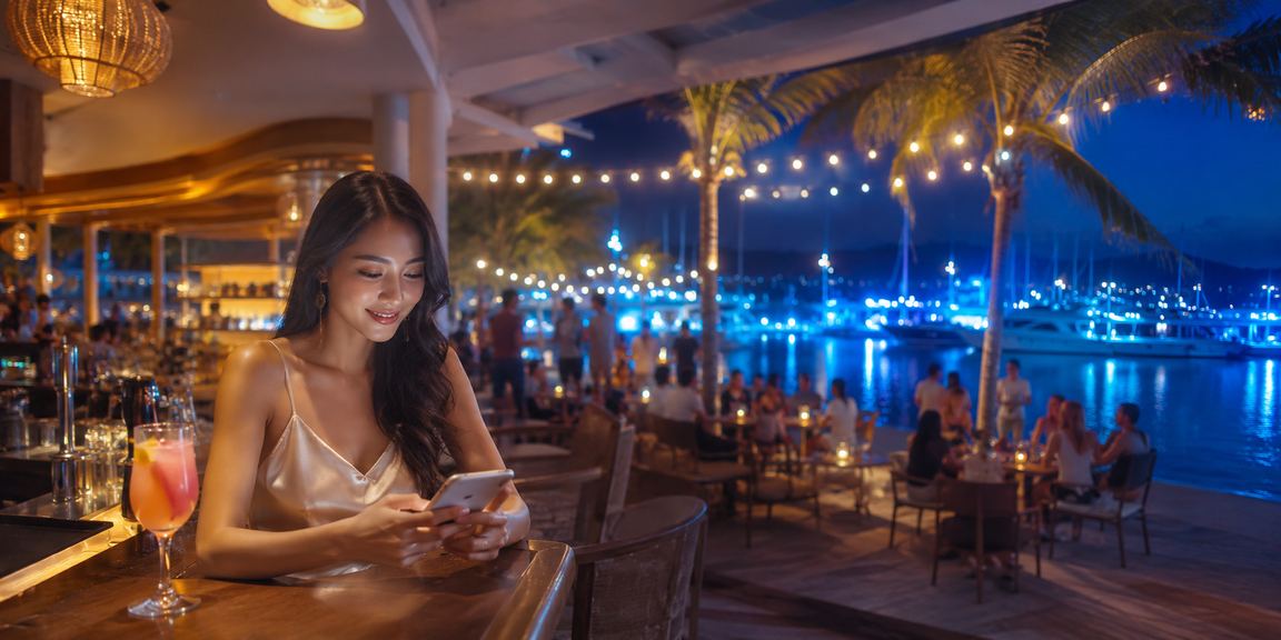 Người dùng Phú Quốc sử dụng điện thoại truy cập casino và cá cược tại bãi biển